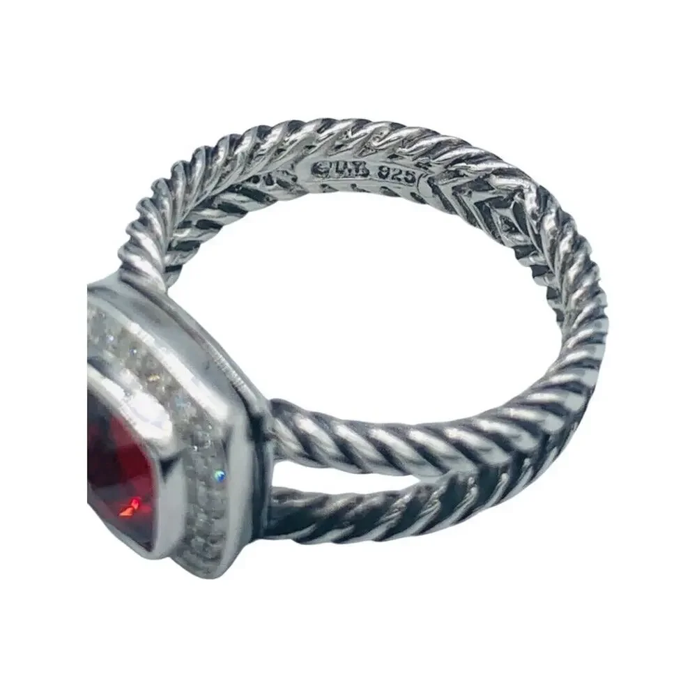David Yurman Sterling Silver Garnet & Diamond Petite Albion Ring Size 9